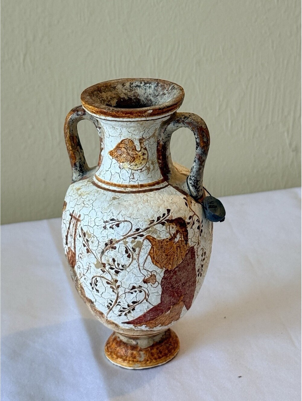 Vintage handmade Greek ceramic amphora-style vase, approximately 6.5 inches tall